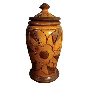 Wooden Handcarved Decorative Round Floral Pedestal Jar with Lid 6.75"t x 3"w‎